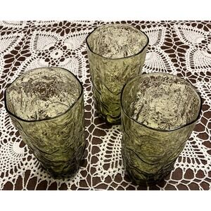 Vintage 3 Seneca Driftwood Avocado Green Highball 8 Oz Tumblers 5 1/8"‎ Crinkle